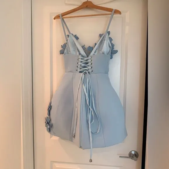 NWOT BRONX AND BANCO Emma Powder Blue Floral Mini Dress, Wedding Guest dress - Picture 8 of 11